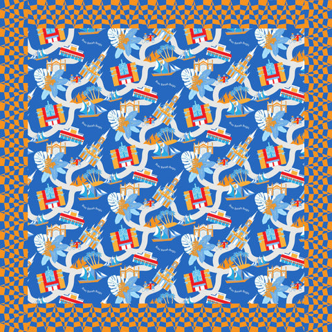 Patterned fabric with a blue background featuring colourful graphic print Bras Basah Bugis