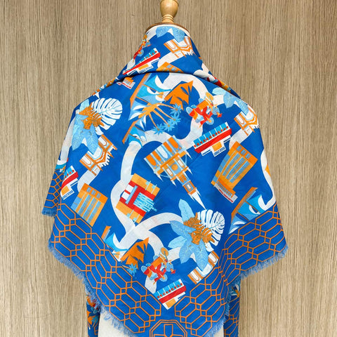 Back view of Bras Basah and Bugis scarf with colourful iconic buildings
