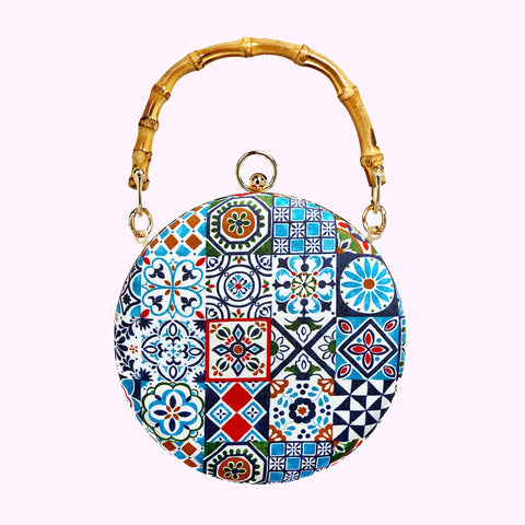 Cocoonese Round Hard Case Bamboo Handle Bag handmade in Singapore with Peranakan Tiles design vintage design, bamboo handle and cross body chain