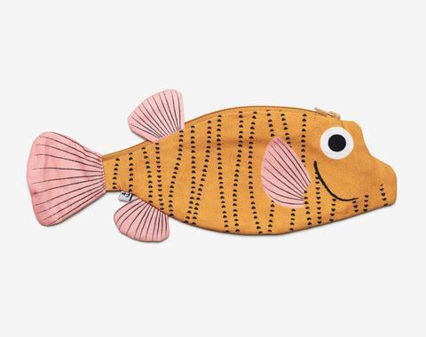 Don Fisher case colourful exterior with a careful illustration of a Box fish shaped case to place your valuables