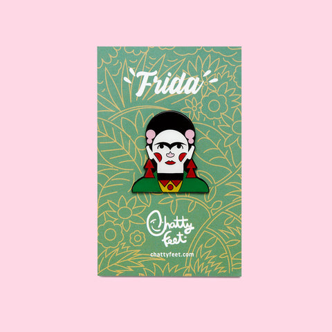 An art theme enamel pin from Chatty Feet featuring Frida, in her signature mexican accessories