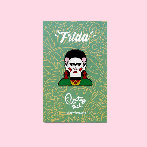 An art theme enamel pin from Chatty Feet featuring Frida, in her signature mexican accessories