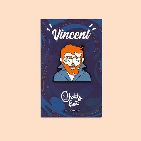 An art theme enamel pin from Chatty Feet featuring Vincent Van Gogh, in his iconic oil painting style