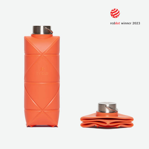 Orange collapsible water bottle, 2023 Red Dot Design Award winning product