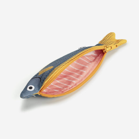 The interior view of fussilier purse which shows pink fish meat and white bones made from fabric