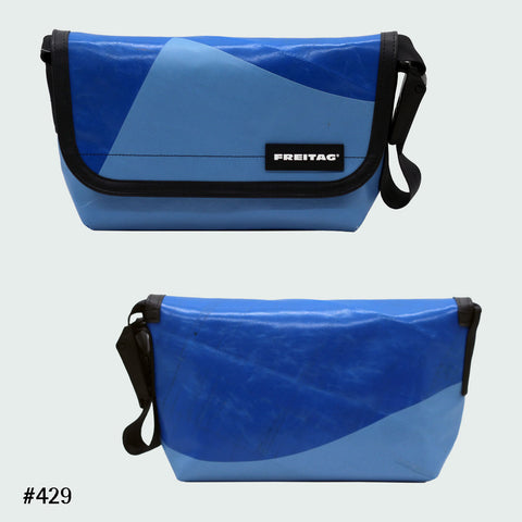 FREITAG F41 Hawaii Five-O messenger bag in light blue and blue with sharp graphic, upcycled truck tarp, front and back views.