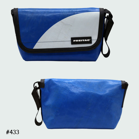 FREITAG F41 Hawaii Five-O messenger bag in blue with white curved graphic, upcycled truck tarp, front and back views.