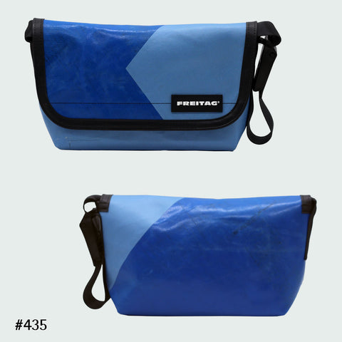 FREITAG F41 Hawaii Five-O messenger bag in light blue and blue colorblock, upcycled truck tarp, front and back views.