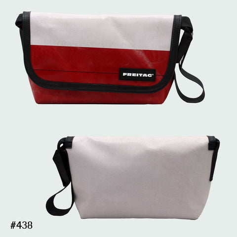 FREITAG F41 Hawaii Five-O messenger bag in white and red colorblock, upcycled truck tarp, front and back views.