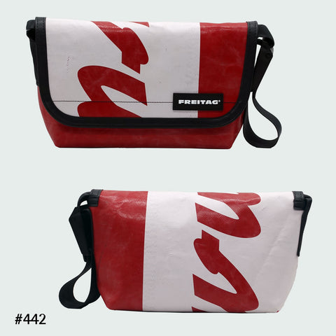 FREITAG F41 Hawaii Five-O messenger bag in red and white with bold graphic print, upcycled truck tarp, front and back views.