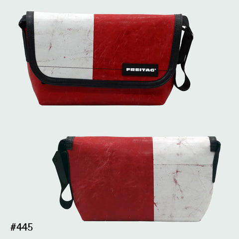 FREITAG F41 Hawaii Five-O messenger bag in red and white colorblock, upcycled truck tarp, front and back views.