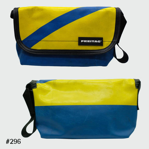 FREITAG F41 HAWAII-FIVE-O messenger bag with a glossy blue and yellow tarp design