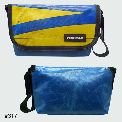 FREITAG F41 HAWAII-FIVE-O messenger bag with a blue and yellow weathered tarp design