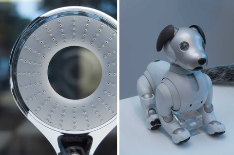 Close-in shot of shower head on the left and a robot dog on the right from past award winners