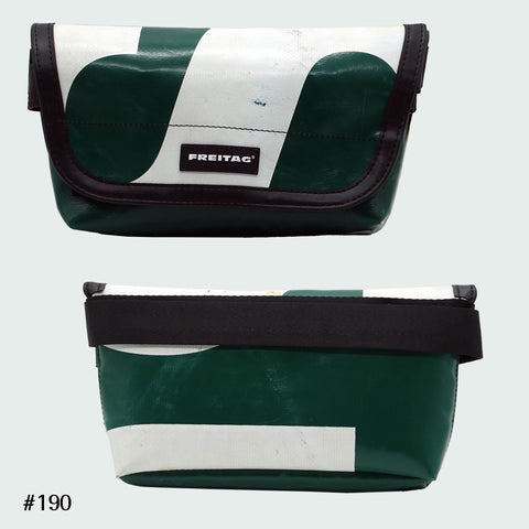 FREITAG F40 Jamie hip bag in green and white with swirl graphic, upcycled truck tarp belt bag, front and back views.