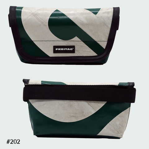 FREITAG F40 Jamie hip bag in white and green with bold graphic print, upcycled truck tarp belt bag, front and back views.