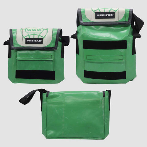Front and back views of FREITAG F11 Lassie Messenger Bag in Green and White colour, shown in two sizes.