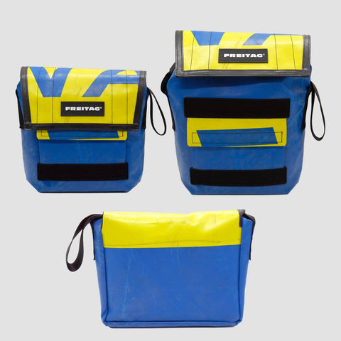 Extended and back view of FREITAG F11 LASSIE messenger bag with blue and yellow tarp design