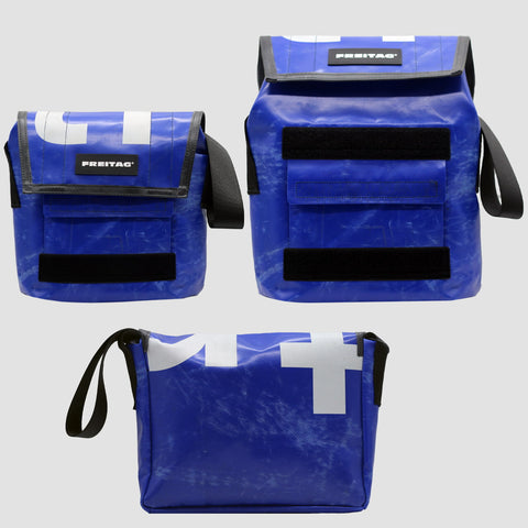 Extended and back view of FREITAG F11 LASSIE messenger bag with blue and white tarp design