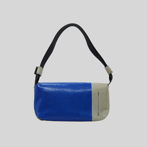 Back view of FREITAG F171 LAURA shoulder bag, grey and blue with black strap.