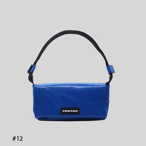 Front view of FREITAG F171 LAURA shoulder bag, blue with black strap.