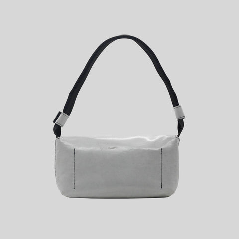 Back view of FREITAG F171 LAURA shoulder bag, grey with black strap.
