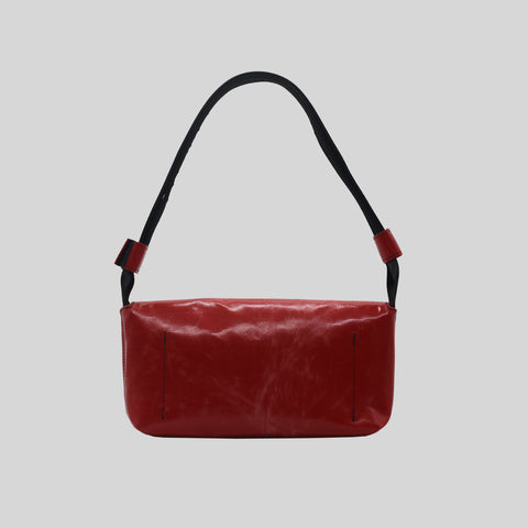 Back view of FREITAG F171 LAURA shoulder bag, red with black strap.