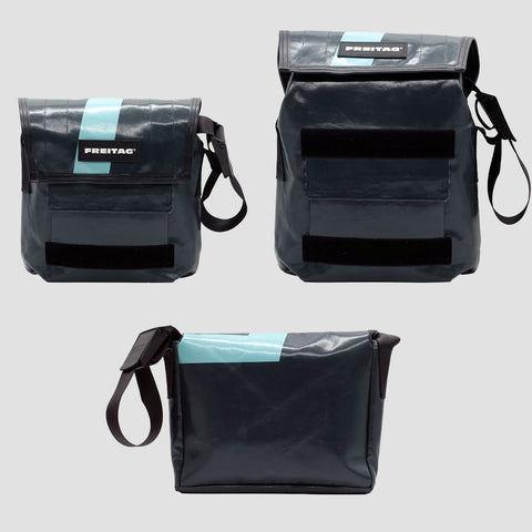 Front, extended and back views of FREITAG F11 LASSIE messenger bag in grey with a light blue stripe and black strap