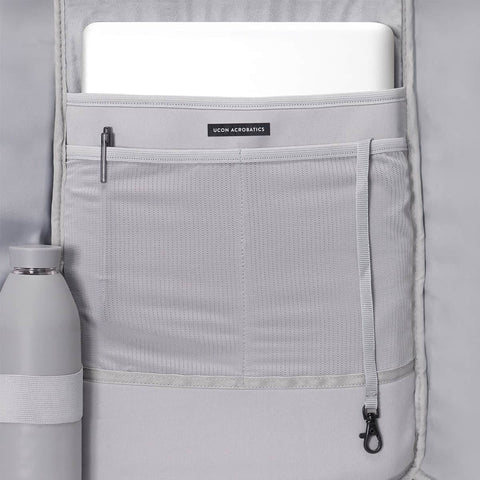 Interior view of Hajo Mini Backpack Lotus Series with a laptop compartment with two mesh pockets, bottle holder and key strap