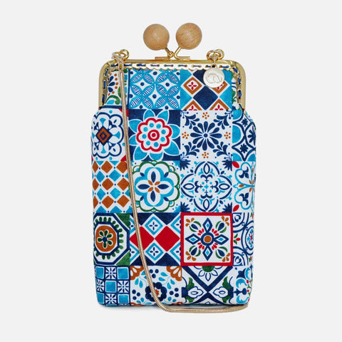 Cocoonese Cell Phone Purse-Peranakan Tiles—vibrant mosaic of blue, red, and gold motifs and highlighting its bold, artistic charm