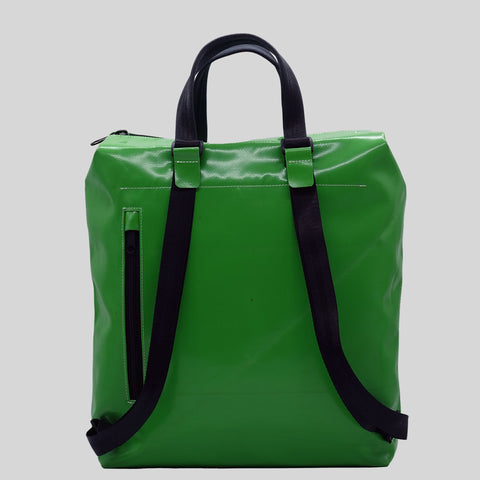 Front view of FREITAG F201 PETE backpack in green with black handles, glossy surface and a zip pocket