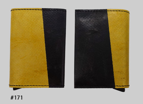 Front and back views of yellow and black FREITAG F705 SECRID Slimwallet RFID wallet with black stitching and a metal card slider at the base.