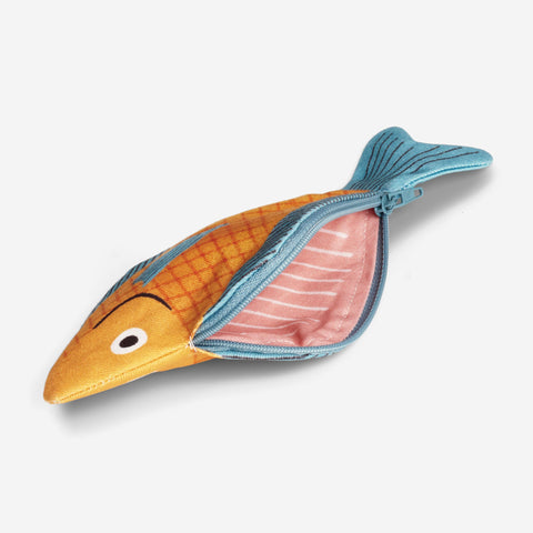The interior view of sea bream purse which shows pink fish meat and white bones made from fabric