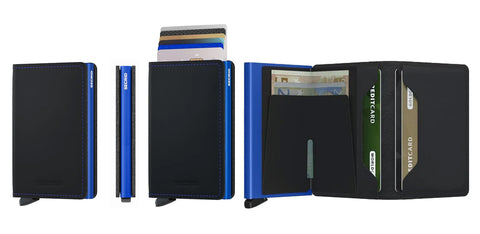SECRID Slimwallet - in matte black & blue colour, showcasing different angle and function of the card-protector wallet