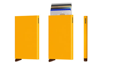 Secrid Card protector in powder ochre colour showing multiple angles and 6 cascading cards which is neatly fitted