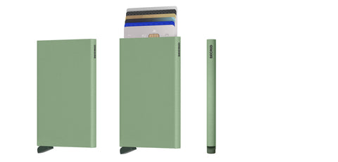 Secrid Card protector in powder pistachio colour showing multiple angles and 6 cascading cards which is neatly fitted