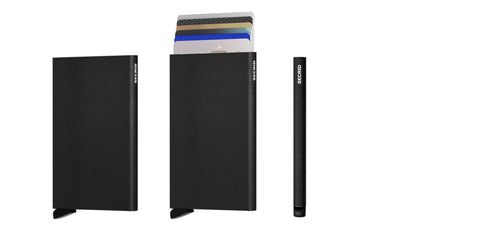 Secrid Card protector in powder black colour showing multiple angles and 6 cascading cards which is neatly fitted