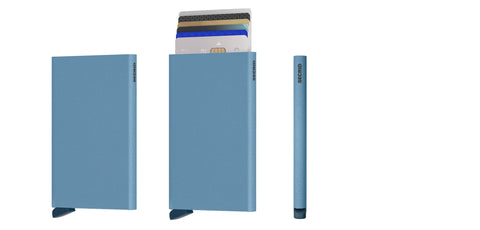 Secrid Card protector in powder sky blue colour showing multiple angles and 6 cascading cards which is neatly fitted