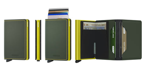 SECRID Slimwallet - in matte green & lime colour, showcasing different angle and function of the card-protector wallet