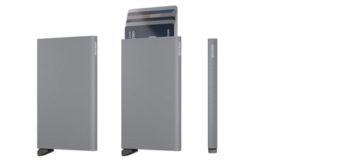 Secrid Card protector in powder grey colour showing multiple angles and 6 cascading cards which is neatly fitted