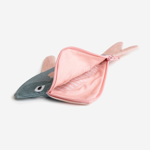 The interior view of green colour small silver biddy purse which shows pink fish meat and white bones made from fabric