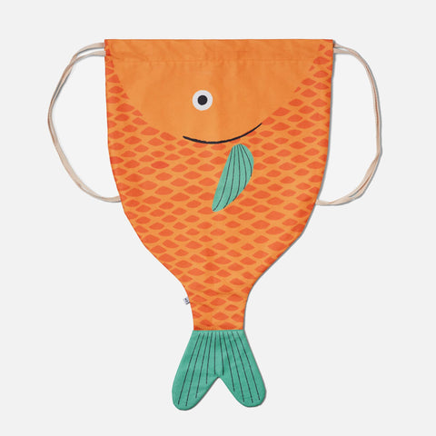 Don Fisher Soldier Backpack-Orange/Adult is a fun, fish-shaped cotton backpack with playful design, crafted sustainably to bring smiles everywhere