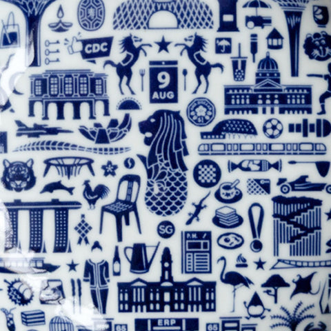 Blue icons and symbols on a white porcelain plate background