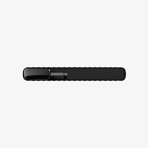 Bottom view of SECRID Cardprotector Fluted-Black, highlighting its textured grip, slim build, and signature card-release lever