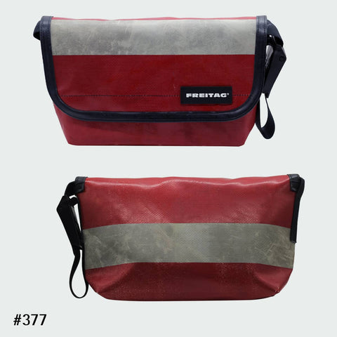 FREITAG F41 HAWAII-FIVE-O messenger bag with a weathered red and white stripe tarp design