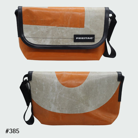 FREITAG F41 HAWAII-FIVE-O messenger bag with a weathered orange and white graphic tarp design