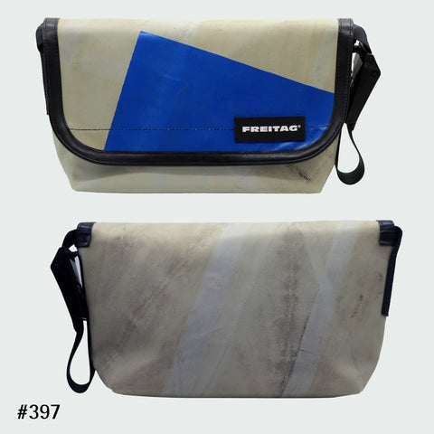 FREITAG F41 HAWAII-FIVE-O messenger bag with a weathered grey and blue graphic tarp design