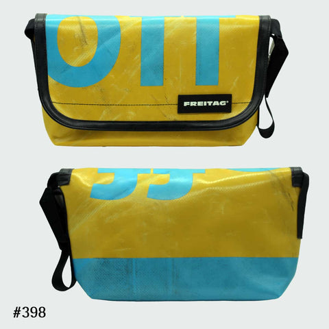 FREITAG F41 HAWAII-FIVE-O messenger bag with a bright yellow and turquoise graphic tarp design