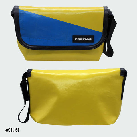 FREITAG F41 HAWAII-FIVE-O messenger bag with a glossy yellow and blue graphic tarp design