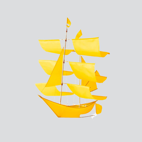 Sailing Ship Kite-Canary in a crisp yellow shot—bright, handcrafted sails captured in detail, ready to bring sunshine to the skies
